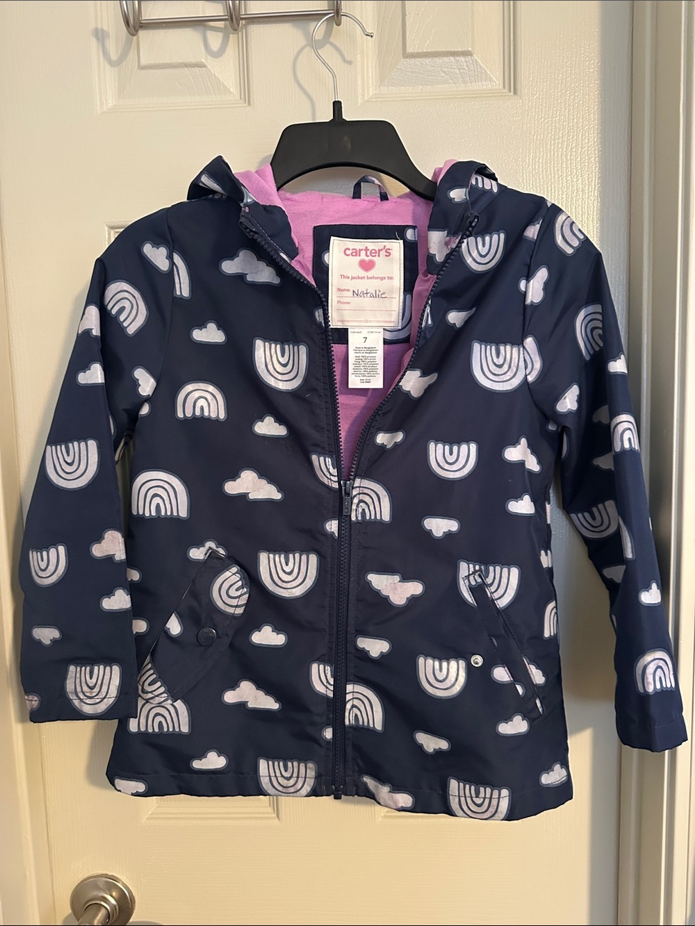 Carter's Navy Raincoat with White Rainbow & Cloud Print and Pink Lining